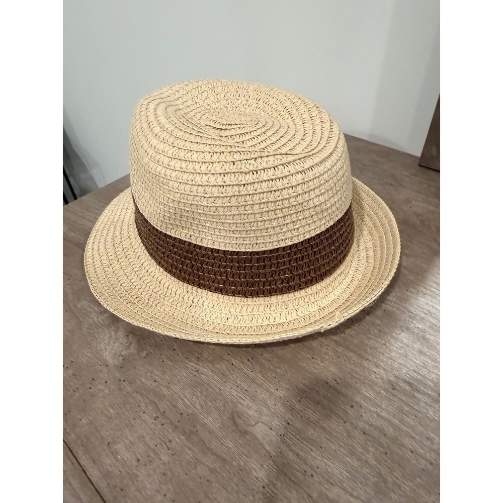 Kids Straw Fedora Hat Tan Brown‎ Ribbon Summer Beach Sun Hat Paper Blend